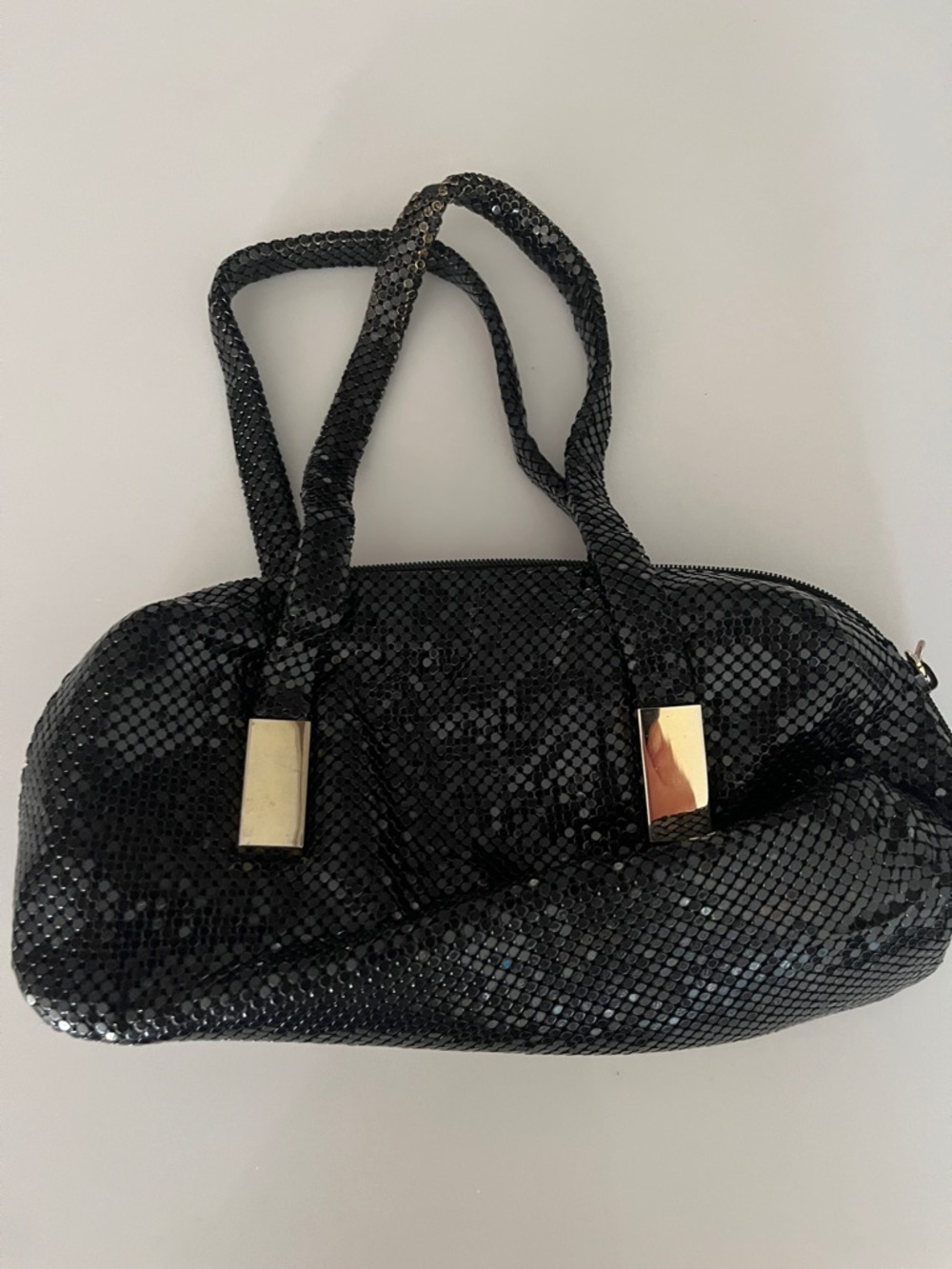 Vintage Whiting & Davis Black Sequin Clutch with Gold Accents